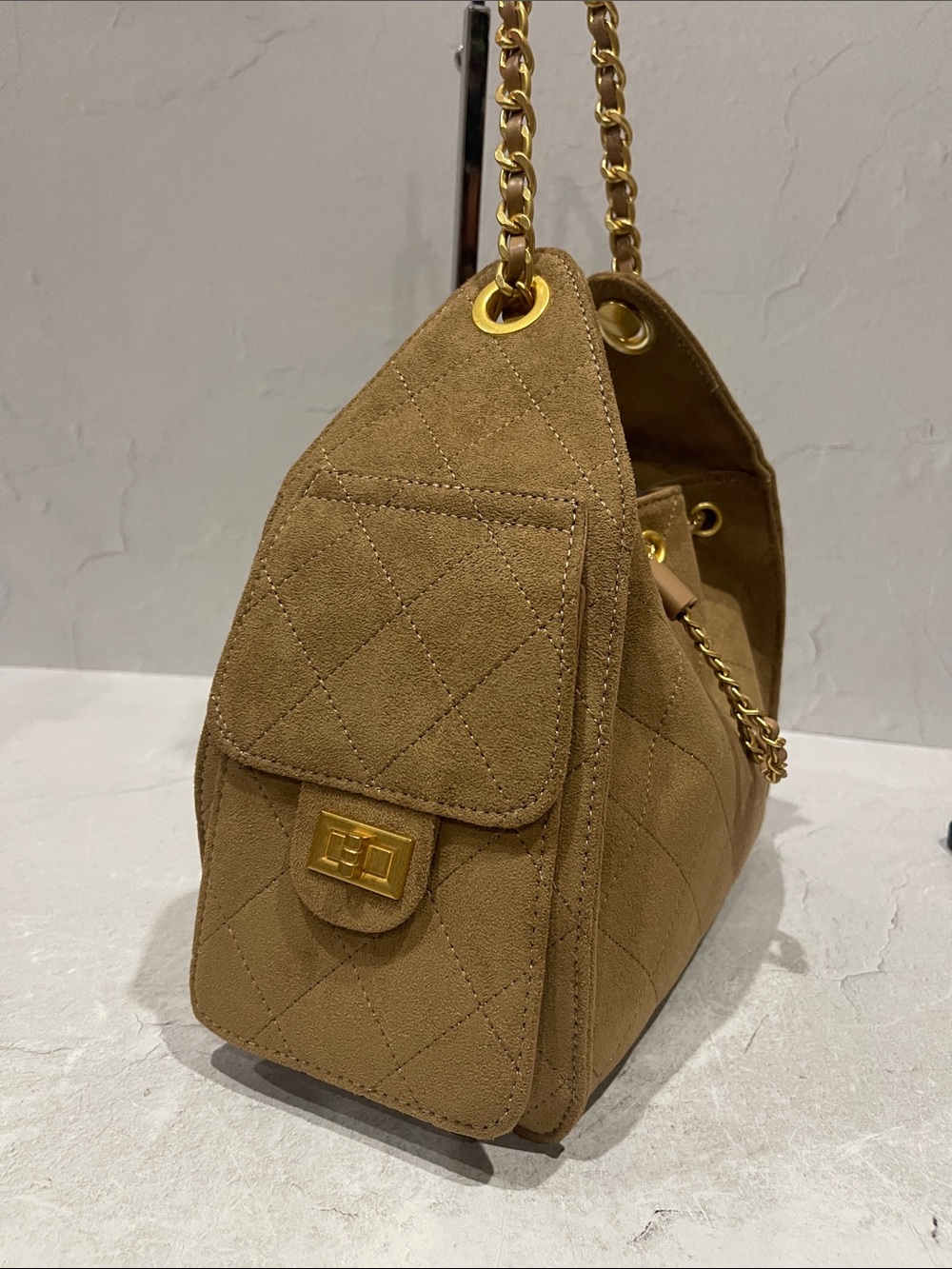 Quilted Drawstring Shoulder Bag in Camel - Picture 2 of 7
